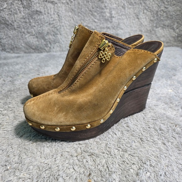 Diane Von Furstenberg Shoes - VTG Diane von Furstenberg Wedge Mules Tan Suede Studded Wood Clogs Women 8M